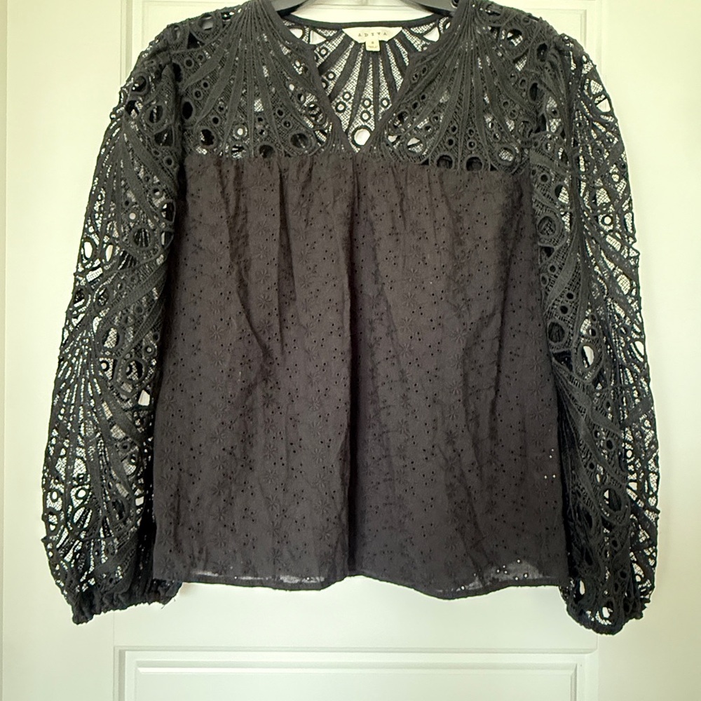 Adiva Black Lace Blouse Women's Size S Cut Out Lace Sleeve NWOT